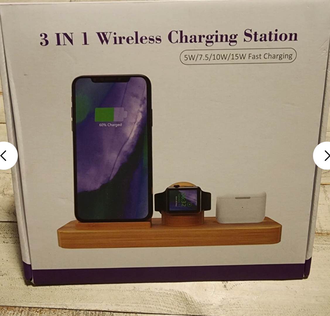 Bamboo 3 in 1 wireless Apple charging station/ with multi device cord organizer