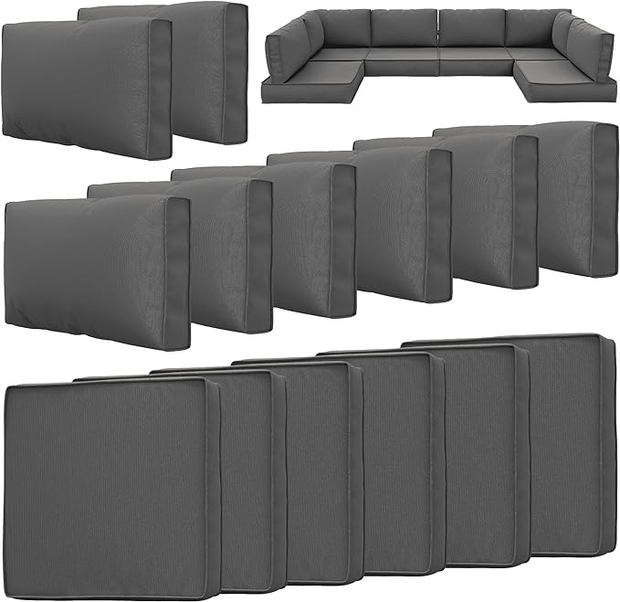 14 Pack Outdoor Patio Cushions Pillow Replacement Covers Fit for 7 Pieces 6-Seater Wicker Rattan Furniture Conversation Set Sectional Sofa Chair Set,Water-Resistant Fadeless,Dark Grey-Covers Only