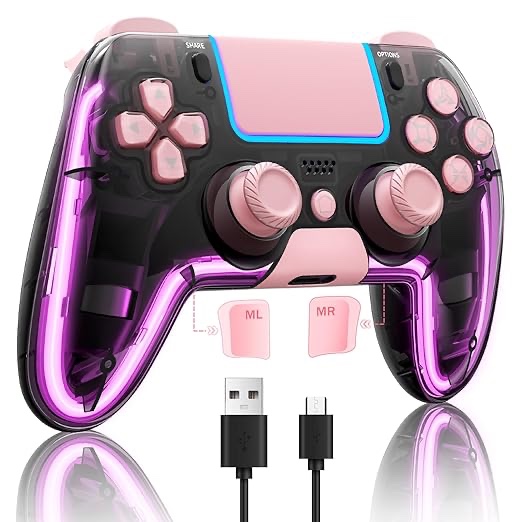 BRHE Wireless Controller for PS4 with Hall 3D Joysticks/RGB LED Lights/Programming Funtion,PinkPS4 Controller Remote Joystick Gamepad,Game Controller for PS4/Slim/Pro