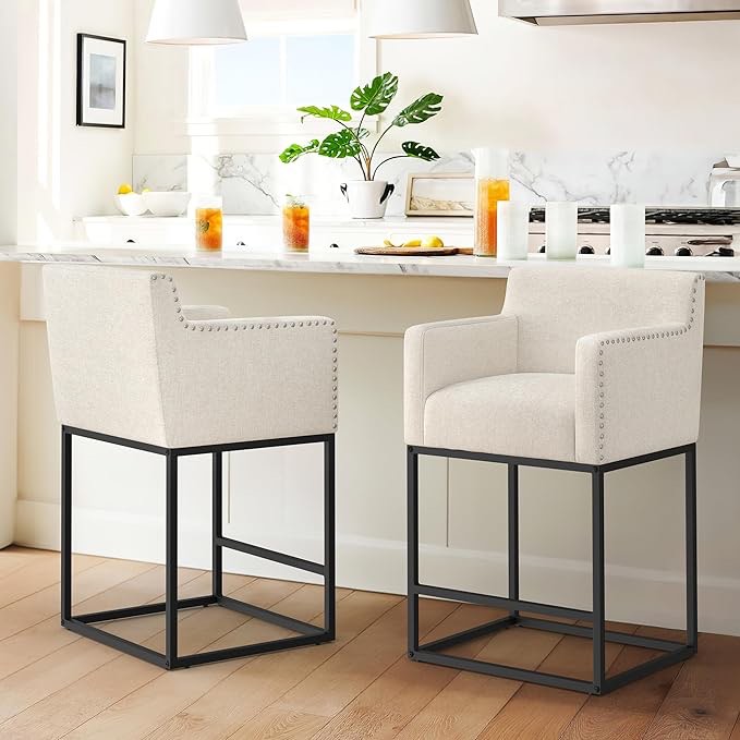 LUE BONA 30'' H Counter Height Bar Stools Set of 2?Modern Barstools with Open Arms, Black Metal Frames, Linen Fabric Upholstered Bar Stool for Kitchen Island, Home Bar, Linen Color