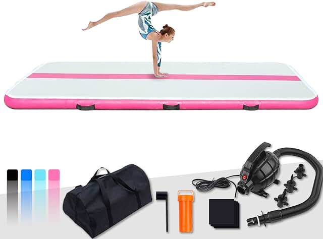 FunWater 10ft/13ft/16ft Inflatable Gymnastics Air Tumble Track Tumbling Mat 4in Thick Air Floor Tumble Track with Electric Air Pump for Cheer Leading/Gymnastics/Beach/Gym/Home ( Pink).