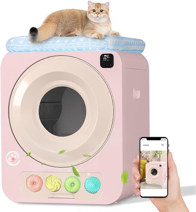 Bebeblue Self Cleaning Cat Litter Box, Automatic Cat Litter Box, No Scooping Odor Removal Health Monitoring Quiet Extra Large Space for Cats Pink Pink Litter Box
