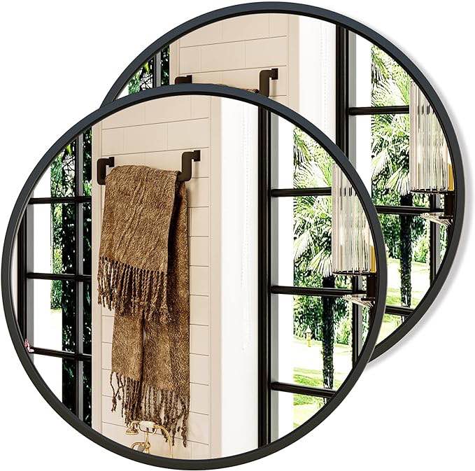Growsun 24'' Black Round Mirror, Circle Wall Mirror for Bathroom Vanity, Entryway Living Room with Metal Frame for Home Decor, 2 Pack