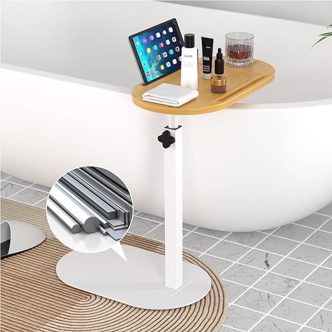 Forevich Bamboo Bathtub Tray Table Bath Side Table with Metal Base Adjustable Height, Portable Freestanding Caddy Tray Tub Shelf for Luxury Bath Home Spa Natural Table and White Base