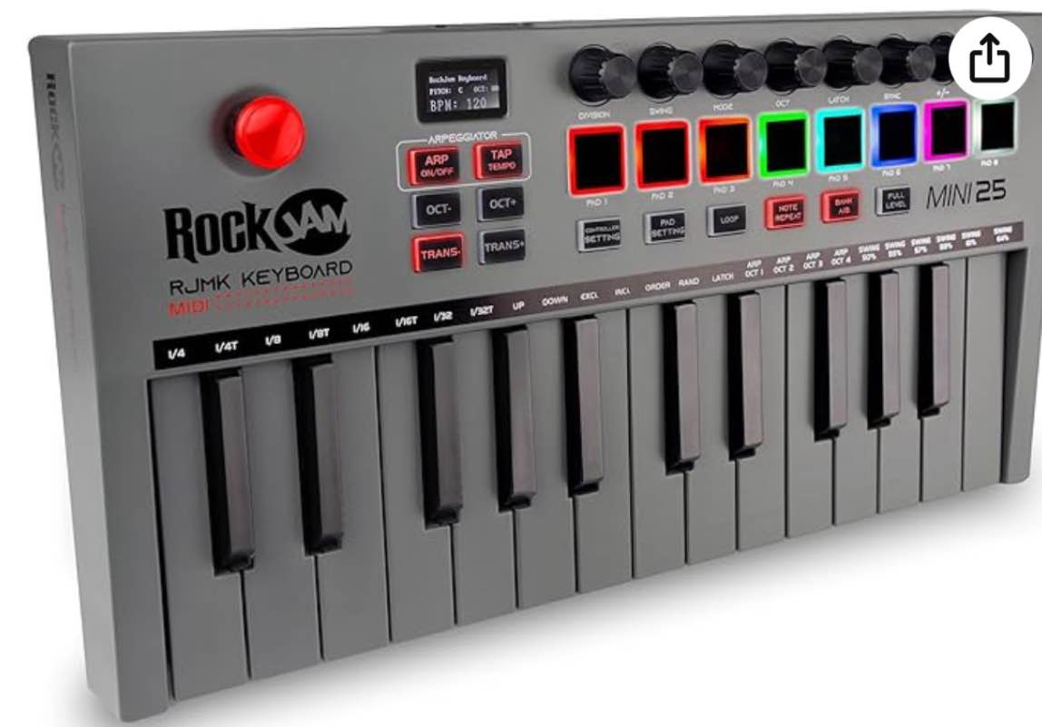 RockJam 25 Key Bluetooth MIDI Keyboard with 8 Velocity Sensitive Touchpads, 8 Knobs & 360 Thumbstick.