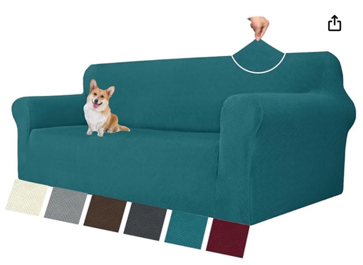 MAXIJIN Super Stretch Couch Cover for 3 Cushion Couch, 1-Piece Universal Sofa Covers Living Room Jacquard Spandex Furniture Protector Dogs Pet Friendly Fitted (Large, Blackish Green)