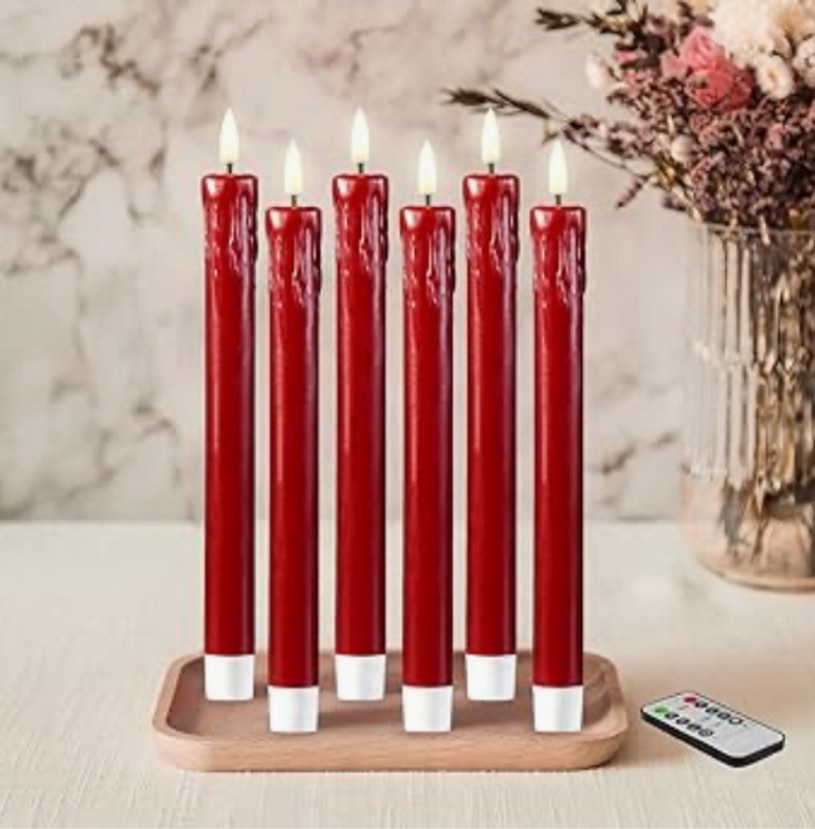 Girimax Red Dripping Wax Flameless Taper Candles with Remote, Flickering Battery Operated Christmas LED Candlesticks