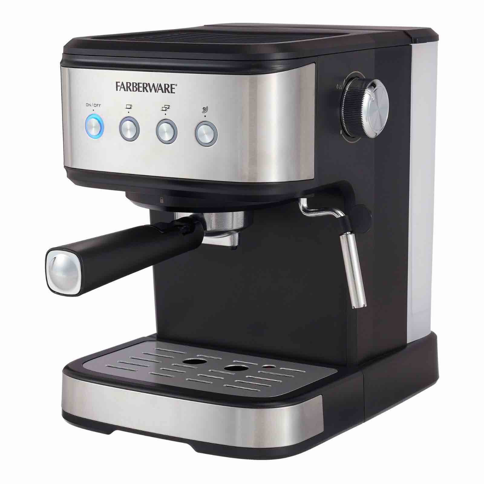 Farberware 1.5L 20 Bar Espresso Maker with Removable Water Tank, Silver and Blac