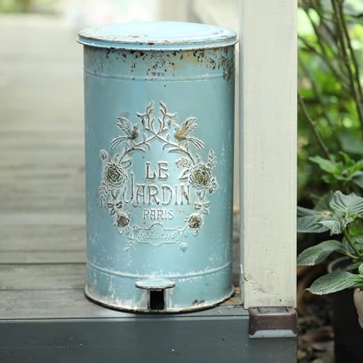Z&Z ornamentorum Blue Trash Can 4.5 Gallon Retro Kitchen Trash Can with Lid and Pedal Round Touchless Garbage Cans with Flower and Bird Patterns Outdoor Trash Can for Kitchen Park Garden