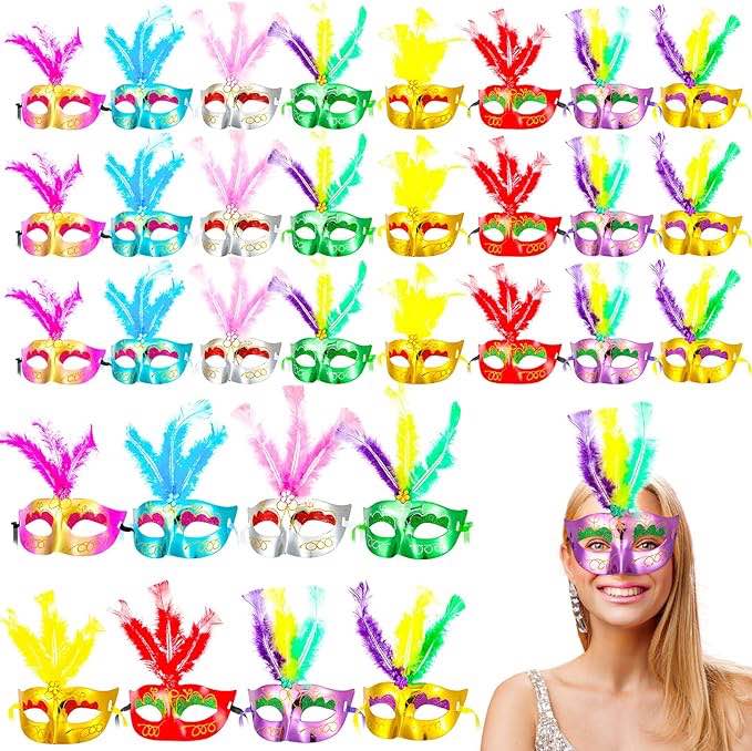 100 Pcs Carnival Mardi Gras Masks Bulk Feather Venetian Masquerade Mask Multicolor Carnival Mask Half Face Feather Masks for Halloween Party Decoration Costume Accessories Women Men