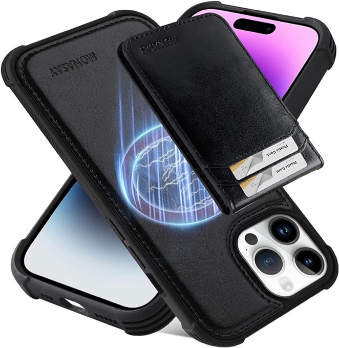 MONASAY Magwallet Case Compatible for iPhone 15 Pro, [Support MagSafe Wireless Charging][Glass Screen Protector] Flip Magnetic Leather Wallet Phone Cover with Detachable Card Holder, Rosegold