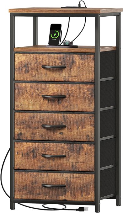Huuger 5 Drawers Dresser with Charging Station, Dresser for Bedroom, Tall Night Stand, Chest of Drawers with Open Shelf, Bedside Table Nightstand, Fabric Dresser, for Entryway, Rustic Brown