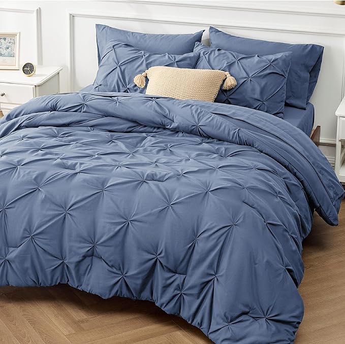 Bedsure Slate Blue King Size Comforter Set - Bedding Set King 7 Pieces, Pintuck Bed in a Bag Green Bed Set with Comforter, Sheets, Pillowcases & Shams