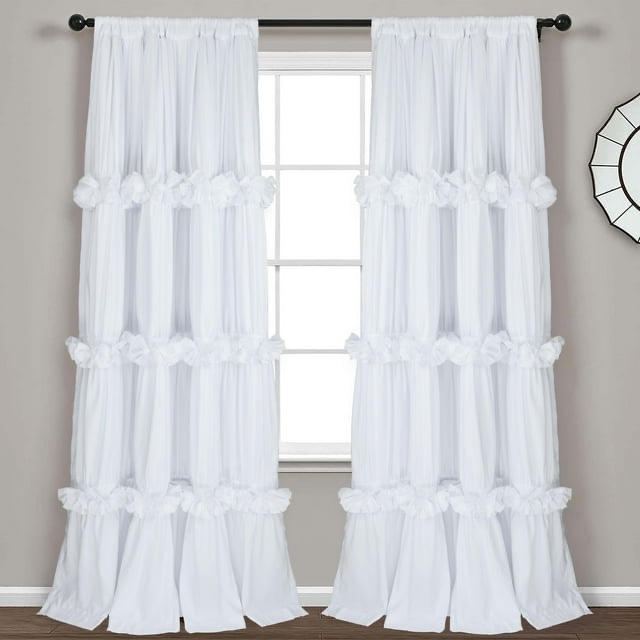 HIG Farmhouse Ruffle Window Curtains with Blackout Liner Handmade Bow Ties Drapes 2 Panels Set, White, 54"W x 84"L