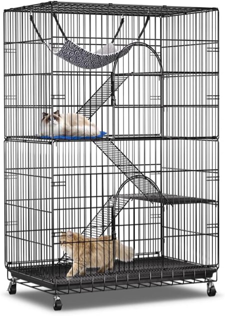 PawGiant 4-Tier Cat Cage 51 Inch Cat Crate Kennel Enclosure Playpen Large Metal Pet Cat Kitten Ferret Animal House Cage Indoor Outdoor with 2 Doors & 1 Hammock