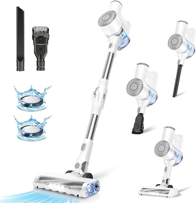 PRETTYCARE Cordless Vacuum Cleaner, 6 in 1 Lightweight Stick Vacuum Self-Standing with Powerful Suction, 180° Bendable Wand Rechargeable Cordless Vacuum