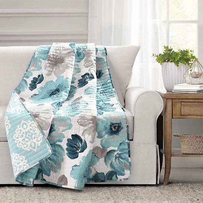 Lush Decor Leah Reversible Throw Blanket, 50" W x 60" L, Blue - Large Blooming Watercolor Flowers - Charming Quilted Floral Blanket For Bed, Couch, Or Chair