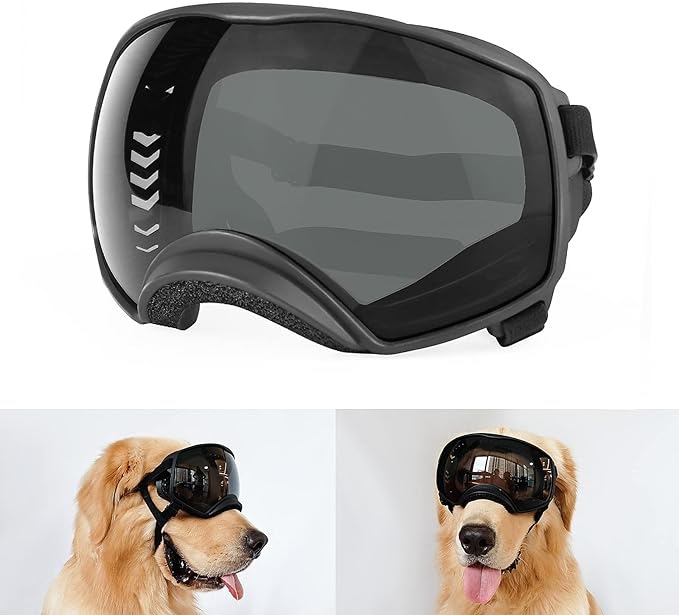 PETLESO Dog Goggles for Large Breed, Dog Sunglasses Medium Large Breed Wide View Dog Eye Protection with Adjustable Straps for Driving Riding Hiking, Black Lens