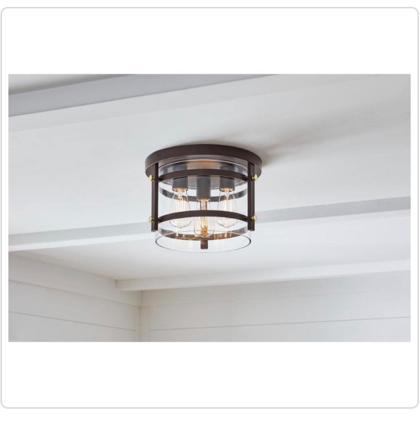 Hampton Bay Huxley 11.9 in. 3-Light Dark Bronze Flush Mount Ceiling Light with Clear Glass Shade
