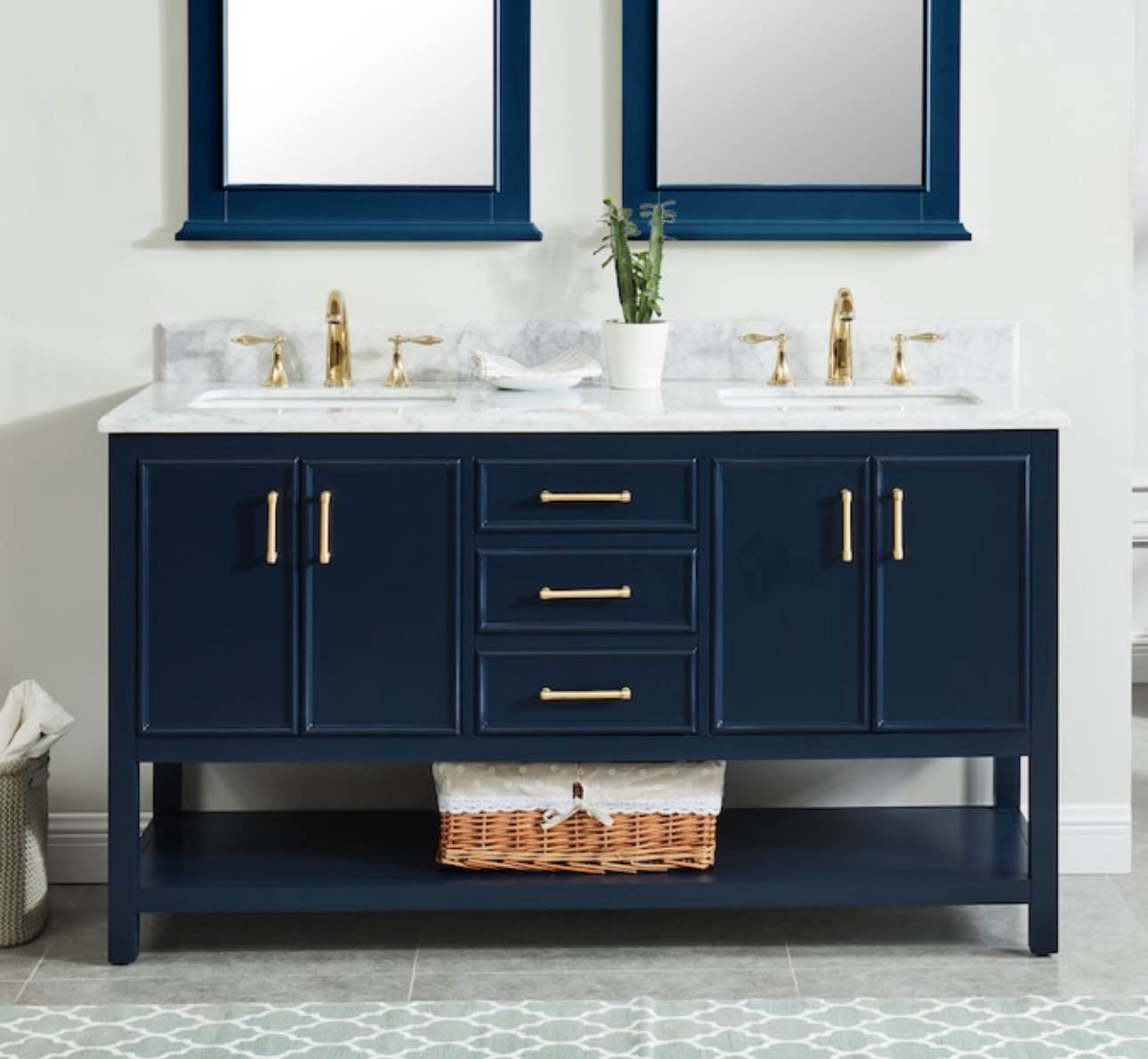 allen + roth Presnell 60-in Navy Blue Undermount Double Sink Bathroom Vanity with Carrara White Natural Marble Top