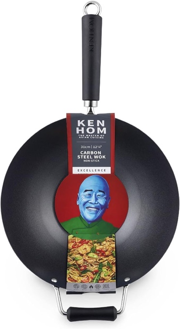 Ken Hom Excellence Non-Stick Carbon Steel Wok - Non-Stick Stir Fry Wok - Lightweight Flat Bottom Wok - 12 inch
