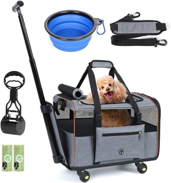Lekereise Airline Approved Cat Dog Carrier with Wheels Expandable Rolling Pet Carrier for Medium Dogs and Cats Under 15 25LBS, Pet Travel Carrier on Wheels, Grey
