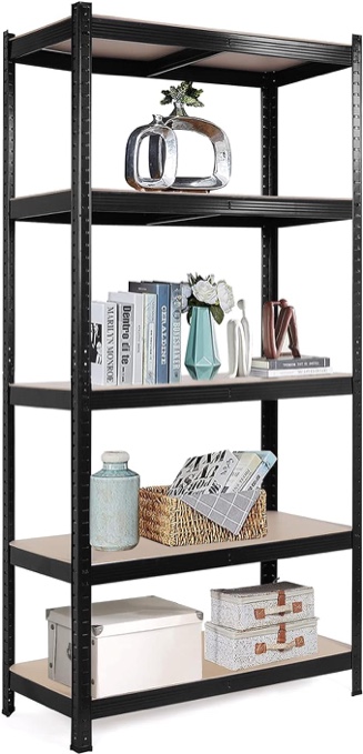 AESRAOU Utility Shelves - 5 Tier Adjustable Storage Shelves Garage Storage Shelving Unit Heavy Duty Metal Storage Rack Shelf Unit Shed Shelves for Warehouse Pantry Closet Kitchen (Black, L)