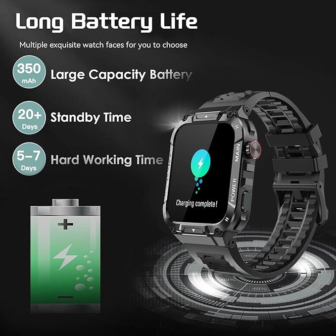 1.96" Military Smart Watch for Men with Bluetooth Call, Waterproof Outdoor Fitness Tracker with Sleep/Heart Rate/SpO2/Stress Monitor, Voice Assistant, Pedometer Compatible with Android/iOS Phones.