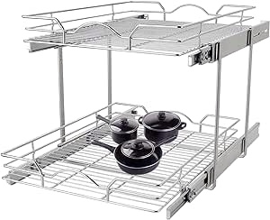 OCG 2 Tier Pull Out Cabinet Organizer (15.5" W x 21" D), Pull Out Drawers for Kitchen Cabinets, Pull Out Shelves for Base Cabinet Organization in Kitchen Bathroom Pantry, Chrome Finish
