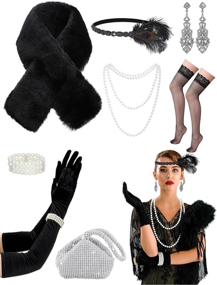 Xaatren Winter 1920s Accessories for Women Flapper Gatsby Costume Faux Fur Shawl and 20s Jewelry Set for 20s Party 