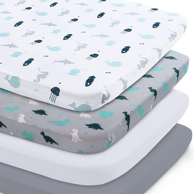 Preboun 4 Pieces Muslin Crib Sheets for Boys Girl, Fitted Baby Toddler Bed Sheets 28'' x 52'', Neutral Muslin Cotton Crib Mattress Sheet, Soft and Breathable Comfort Baby Sheets (Dinosaurs, Crocodile)