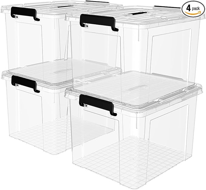 Cetomo Plastic Storage Bin Box Stackable and Nestable with Lid and Secure Latching Buckles, Clear, 18Qt x 4, Pack of 4