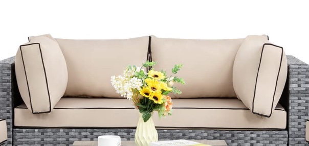 Shintenchi  Outdoor Patio Sectional Sofa Couch, Silver Gray PE Wicker Furniture Conversation Sets with Washable Cushions & Glass Coffee Table for Garden, Poolside, Backyard (Khaki)