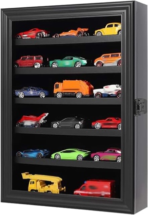 Toy Cars Display Case 1/64 Scale Diecast Car Display Case Wall Mount Model Car Display Storage Cabinet Lockable with Real Glass & Removable Shelf Rack -Black