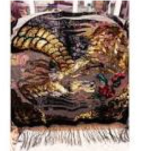 Vintage Fringed Green, Black and Gold Velvet Rising Phoenix Dresser, Piano Or Accessory Shawl Scarf
