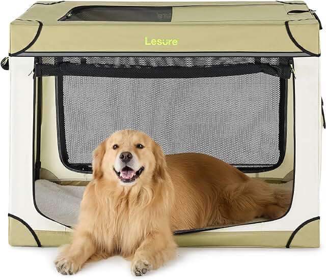Lesure Soft Collapsible Dog Crate - 42 Inch Portable Travel Dog Crate for Extra Large Dogs Indoor & Outdoor, 4-Door Foldable Pet Kennel with Durable Mesh Windows (Beige)