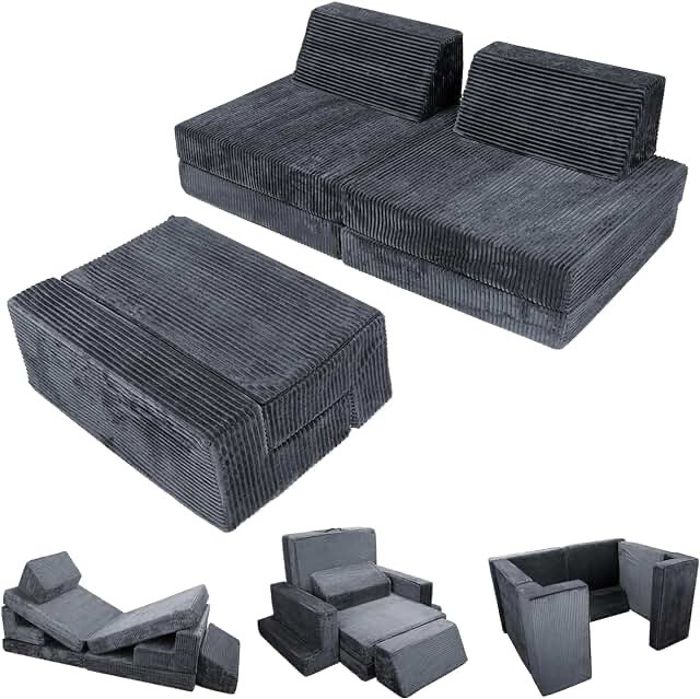 DREAMANIA Kids Play Couch, 7PCS Modular Toddler Foam Sofa for Playroom Bedroom, Child Sectional Sofa Furniture for Teens, Nugget Couch Gift for Imaginative Boys and Girls Flannel, Dark Grey…