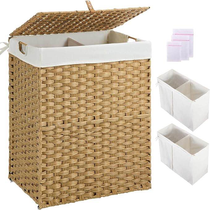 Greenstell Laundry Hamper No Install Needed, Divided Clothes Hamper with 2 Removable Liner Bags, 90L Handwoven Synthetic Rattan Laundry Basket with Lid and Handles, Foldable Natural 90L (18.3x13.3x24.0 Inches) Natural