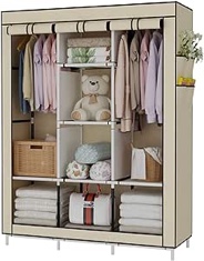UDEAR Portable Wardrobe Closet Clothes Organizer Non-Woven Fabric Cover with 6 Storage Shelves, 2 Hanging Sections and 4 Side Pocketsï¼ŒBeige