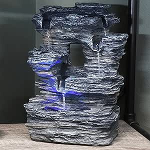 Sunnydaze Five Stream Rock Cavern Tabletop Fountain - Multi-Colored LED Lights - Perfect Size for Home Office or Kitchen - Soothing Cascading Water Sounds - Tiered Desktop Water Feature