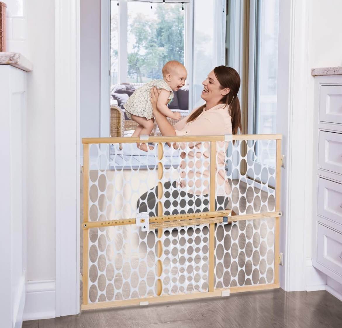 Toddleroo by North States 42" wide Quick Fit Oval Mesh Baby Gate, Made in USA: Easy installation, memory feature. Pressure mount. Fits 26.5"- 42" wide (23"Tall, Sustainable Hardwood & White Oval Mesh)