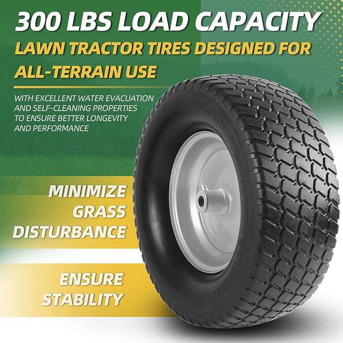 (2-Pack) 16x6.50-8 Tire and Wheel Flat Free - Solid Rubber Riding Lawn Mower Tires and Wheels - With 3" Offset Hub and 3/4" Bushings - 16x6.5-8 Tractor Turf Tire Turf-Friendly 3mm Treads