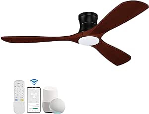 Hoenofly 52� Smart Wood Flush Mount Ceiling Fans with Lights Remote,Quiet DC Motor,Outdoor Indoor Low Profile Ceiling Fan,Voice WIFI Alexa App Control,Dimmable,6-speed,for Modern Bedroom Patio