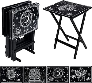 Gothic TV Trays Tables Set of 4 with Stand Halloween TV Dinner Tray Table Moon and Sun Butterfly Folding Wooden Tray Table Boho TV Trays for Eating Set for Halloween Serving Snack Activities Supplies