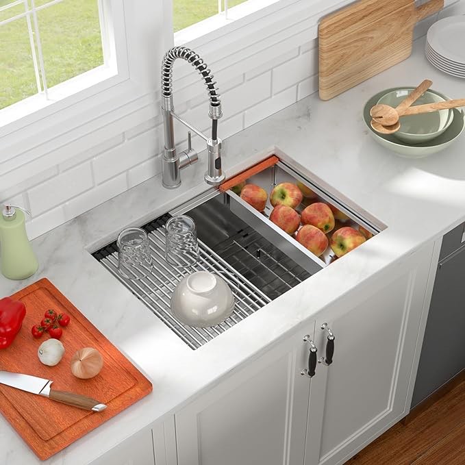 27 Undermount Sink Stainless - Lofeyo 27 Inch Kitchen Sink Workstation 16 Gauge Stainless Steel Single Bowl Undermount Counter Sink Basin with Accessories