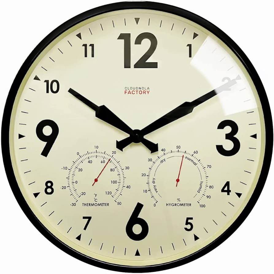 Cloudnola Indoor Outdoor Waterproof Metal Wall Clock with Thermometer and Hygrometer, Black, 18 inch Silent Non-Ticking Battery Operated Quality Quartz Round Clock for Patio and Home Decor