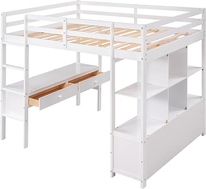 ITEM: FULL LOFTBED WITH SIDE DESK & SHELVES, & 4 DRAWERS - WHITE N.W: 114.64 LBS G.W: 124.56 LBS MADE IN VIETNAM