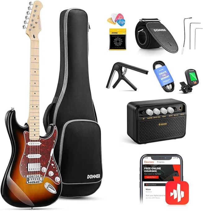 Donner Electric Guitar, DST-152S 39" Electric Guitar Kit HSS Pickup Coil Split, Guitar Starter Pack for Adult Beginners with Amp, Bag, Accessories, Sunburst