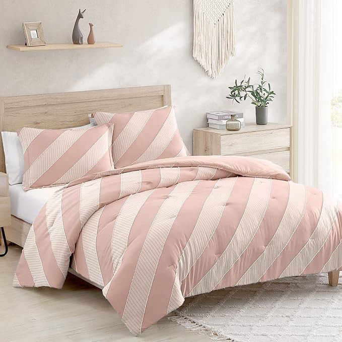 Walensee King Comforter Set Clipped Jacquard Stripe 100% Polyester Soft Washable Microfiber Bed Comforters with 2 Pillowshams All Season Lightweight Cozy Bedding Comforter Sets 3 Pieces 104"x90" Pink