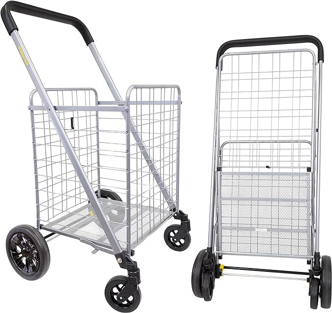 dbest products Cruiser Cart Deluxe 2 Shopping Grocery Rolling Folding Laundry Basket on Wheels Foldable Utility Trolley Compact Lightweight Collapsible, Silver